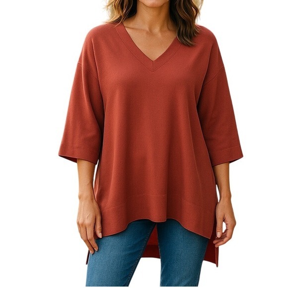 P Cill V-Neck Tunic Sweater Womens Large Rust High-Low Pt10463 Oversized Boho